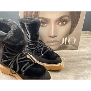 Jennifer Lopez Boots Womens 7.5 M Ankle Booties Black Suede Faux Fur Trim Round